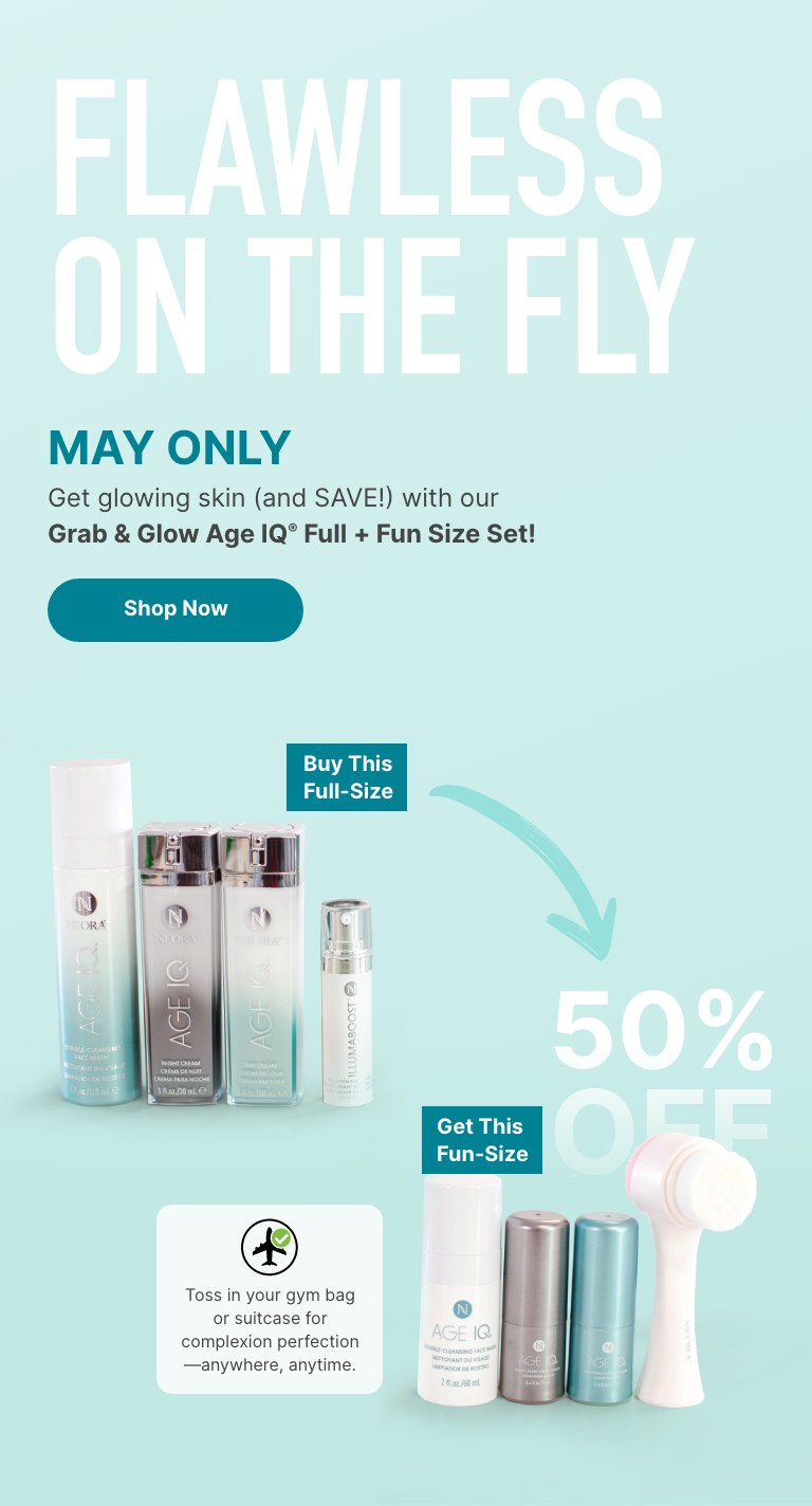Image supports the May promotion showing the Cleanse, Correct, Protect Set, which includes Age IQ Cleanser, Age IQ Night Cream, Age IQ Night Cream and Illumaboost with the travel version of the same set shown next to it. Travel set also includes a facial cleansing brush. The image is supported with May’s promotional message: Purchase the Cleanse, Correct, Protect Set and get 36% off Travel Minis Set.